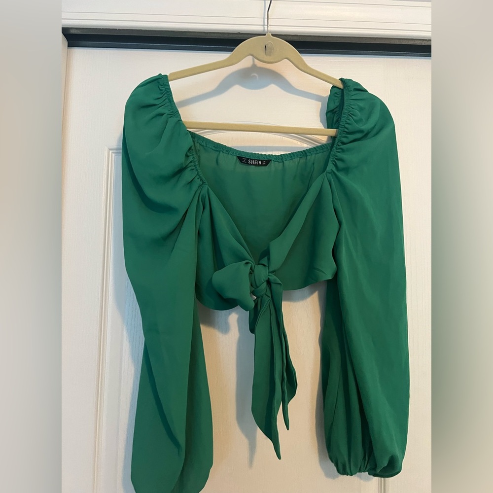 Green Long Sleeve Cropped Tie Puff Sleeve Top